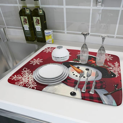 Christmas Snowman Dish Drying Mat for Kitchen Counter 18x24 Xmas Snowflake Winter Holiday Dark Red Absorbent Reversible Microfiber Drying Mats Kitchen Countertop Protector Dishes Drainer Rack Pad - Image 6