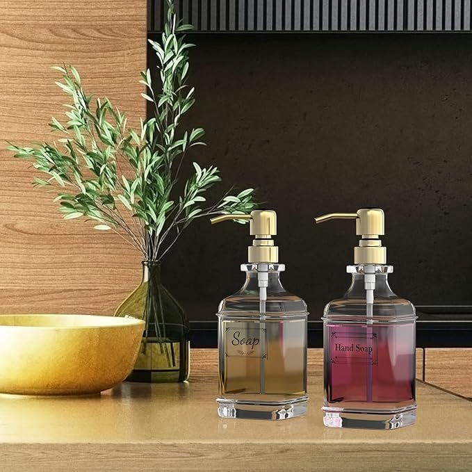 GLADPURE Soap Dispenser - 2 Pack, 18 Oz Antique Design Thick Glass Hand Soap Dispensers; with 304 Rust Proof Stainless Steel Pump, 6Pcs Clear Stickers, for Kitchen, Bathroom - Gold - Image 6