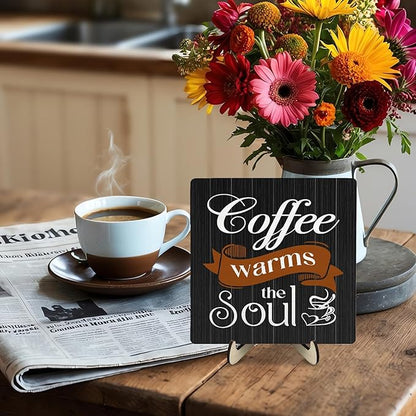 Coffee Bar Sign Plaque Decor,Coffee Bar Accessories,Rustic Wooden Tabletop Plaque with Stand, Minimalist Farmhouse Kitchen Counter Sign,Cute Mini Café Bar Decor Gift 5.9x5.9Inch - Image 5