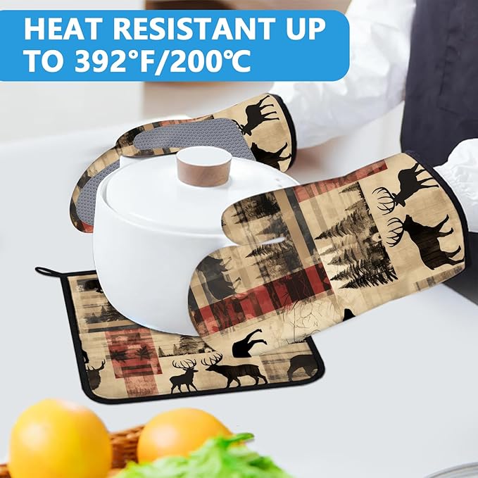 Deer and Bear Oven Mitts and Pot Holders Sets Heat Resistant 4Pcs Wild Animal Potholders Oven Gloves Hot Pads for Kitchen Baking Cooking Grilling BBQ
