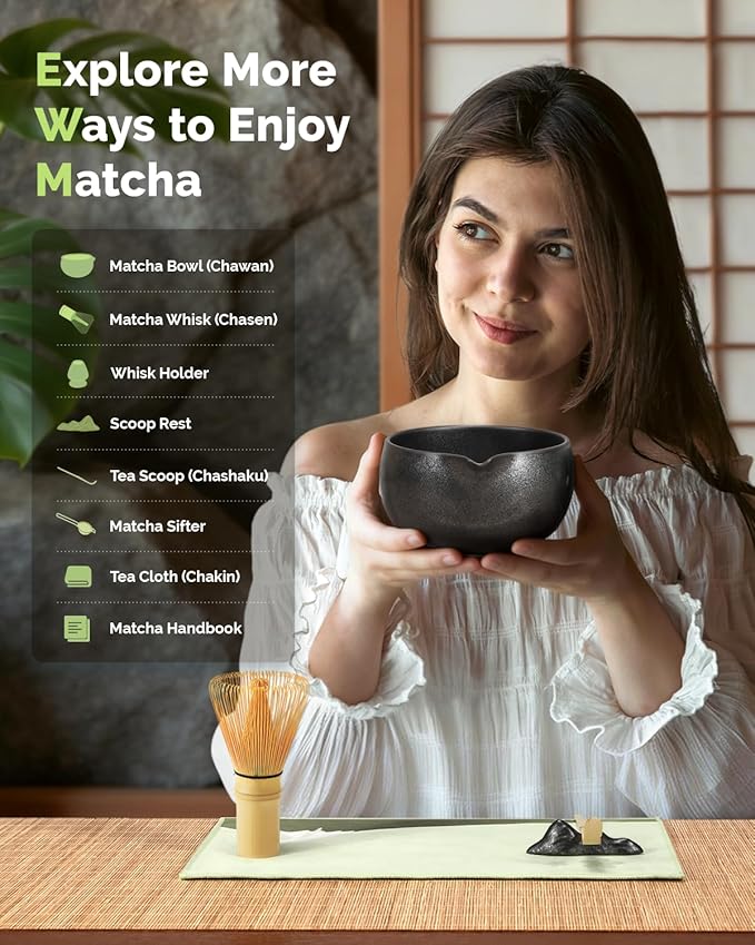 Maestri House Matcha Whisk Set, 7-Pc Complete Matcha Kit with Spouted Ceramic Bowl, Bamboo Whisk and Holder, Scoop, Spoon Rest & Sifter, Tea Cloth – Ideal Gift for Matcha Lovers (Black Stone) - Image 3