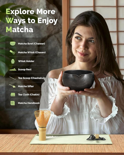 Maestri House Matcha Whisk Set, 7-Pc Complete Matcha Kit with Spouted Ceramic Bowl, Bamboo Whisk and Holder, Scoop, Spoon Rest & Sifter, Tea Cloth – Ideal Gift for Matcha Lovers (Black Stone) - Image 3