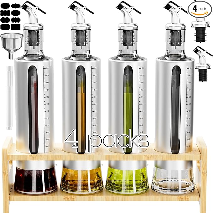 SINYWAY Oil Dispenser Bottle, 4 Pack Glass Olive Oil Dispenser Bottle with Shelf, 17oz/500 ml Oil and Vinegar Dispenser Set Wrapped in Stainless Steel Shell with Pourers, Funnel & Pen and Tags by SINYWAY
