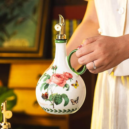 Ceramic Olive Oil Dispenser, 27 oz Floral Pattern Cruet with Auto-Close Spout, 9.45" Tall, Decorative Oil and Vinegar Bottle (pink rose)