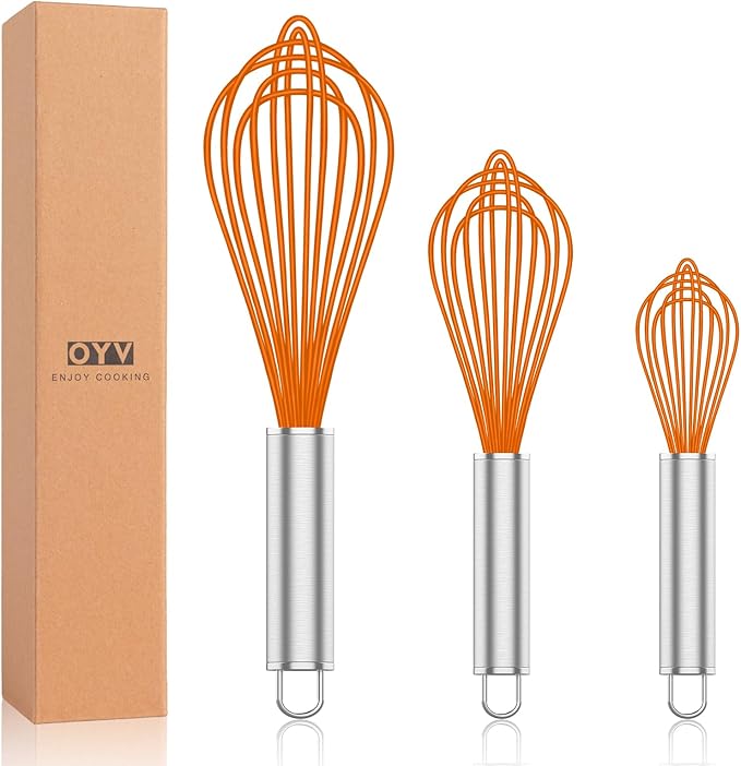 OYV Orange Silicone Whisk, Professional Whisks For Cooking Non-Scratch, Stainless Steel & Silicone Wisk, Plastic Rubber Whisk Tool For Nonstick Cookware Pans, BPA free, Silicon Wisks Set of 3 by OYV