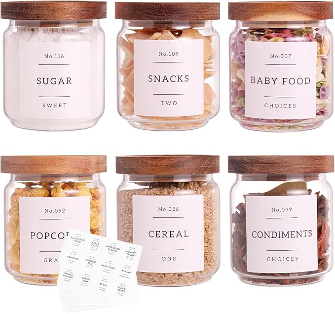 6 Set Glass Pantry Storage Jars with Acacia Airtight Lid - 15oz Thicken Glass Kitchen Canisters with 132 Pantry Labels - Clear Glass Food Storage Containers with Wood Lid for Tea,Sugar,Spice,herbs by CZZGSM