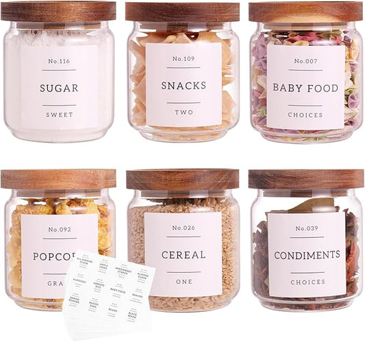 6 Set Glass Pantry Storage Jars with Acacia Airtight Lid - 15oz Thicken Glass Kitchen Canisters with 132 Pantry Labels - Clear Glass Food Storage Containers with Wood Lid for Tea,Sugar,Spice,herbs by CZZGSM