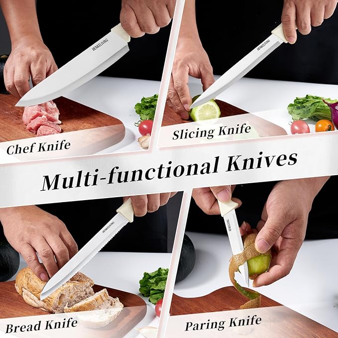 Knife Set, 6-Piece Kitchen Knife Set, German High Carbon Stainless Steel, Durable & Easy Clean Knife Block, Cream - Image 4