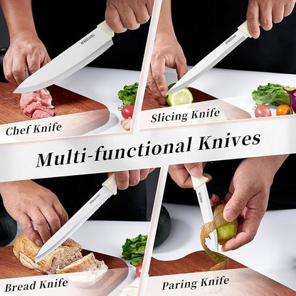 Knife Set, 6-Piece Kitchen Knife Set, German High Carbon Stainless Steel, Durable & Easy Clean Knife Block, Cream - Image 4