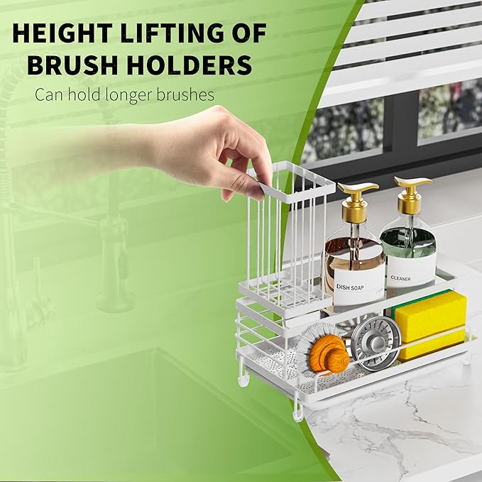 Cisily Stainless Steel Kitchen Sink Caddy Organizer, Sponge Holder for Sink Rustproof, Non-Slip Soap Dish Dispenser Brush Holder Storage, Home & Kitchen Essentials Accessories (White) - Image 4