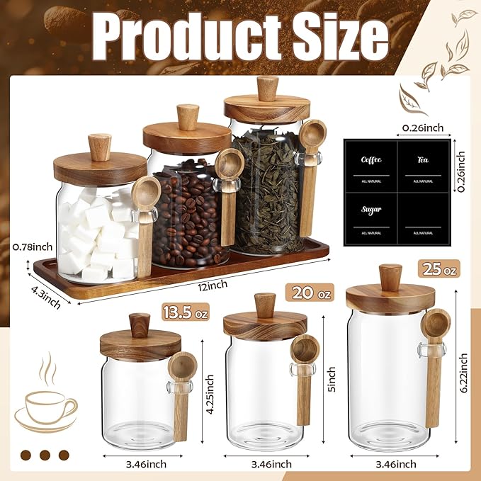 Suclain 3 Pcs Glass Coffee Container with Wooden Lid Spoon Shelf Labels Clear Airtight Jar Food Storage Canister Set for Sugar Spice Coffee Bean Holder Housewarming Gift(13.5,20,25 oz,Acacia Brown) - Image 2