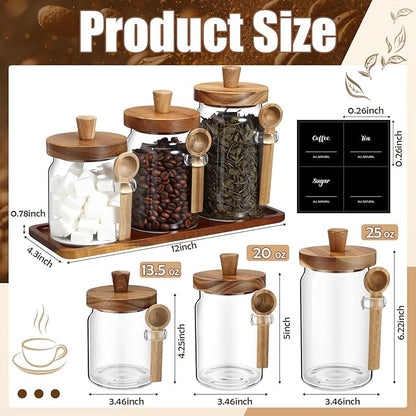 Suclain 3 Pcs Glass Coffee Container with Wooden Lid Spoon Shelf Labels Clear Airtight Jar Food Storage Canister Set for Sugar Spice Coffee Bean Holder Housewarming Gift(13.5,20,25 oz,Acacia Brown) - Image 2