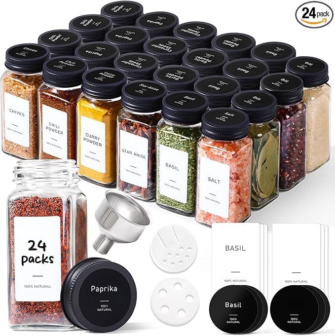 ComSaf Glass Spice Jars with Label, 24Pcs 4oz, 93 Labels, a Metal Funnel, Extra Shaker Lids, Empty Spice Containers and Square Spice Bottles for Kitchen and Seasoning by ComSaf