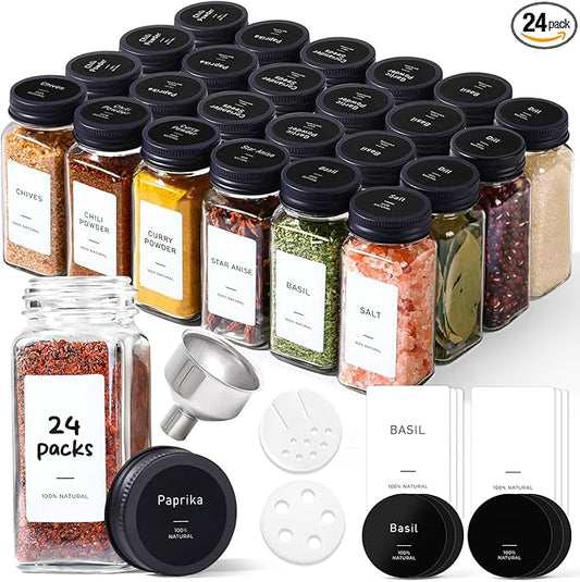 ComSaf Glass Spice Jars with Label, 24Pcs 4oz, 93 Labels, a Metal Funnel, Extra Shaker Lids, Empty Spice Containers and Square Spice Bottles for Kitchen and Seasoning by ComSaf