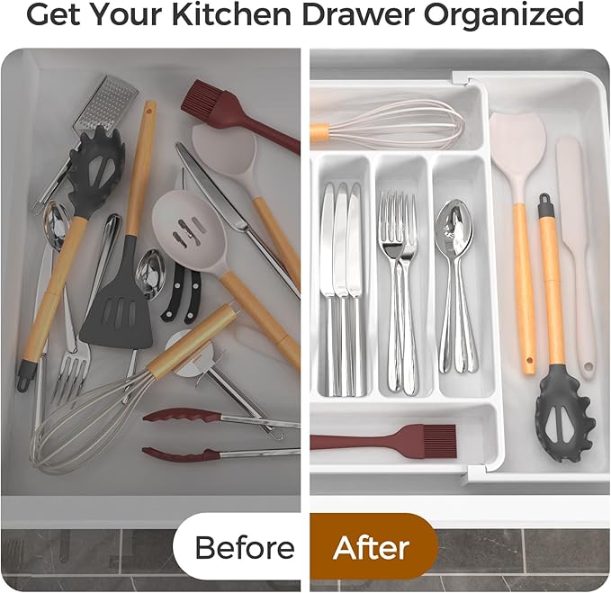 ukeetap Extra Large Expandable Silverware Organizer, BPA-Free Food-Safe Cutlery Flatware Organizer, Kitchen Utensil Drawer Organizer, Adjustable Silverware Holder for Spoons Forks Knives, White - Image 6