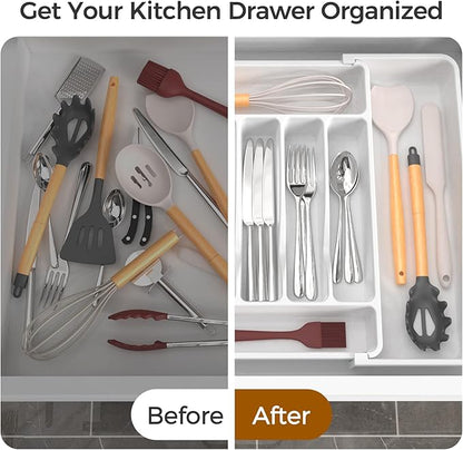 ukeetap Extra Large Expandable Silverware Organizer, BPA-Free Food-Safe Cutlery Flatware Organizer, Kitchen Utensil Drawer Organizer, Adjustable Silverware Holder for Spoons Forks Knives, White - Image 6