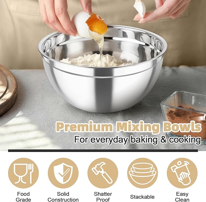 TeamFar Mixing Bowls, Stainless Steel Nesting Salad Bowls with Airtight Lids Set, For Serving/Mixing/Storing, Rust-proof & Heavy Duty, Dishwasher Safe, Set of 3-4.6/3 / 1.5 QT, Khaki - Image 5