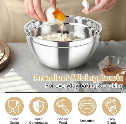 TeamFar Mixing Bowls, Stainless Steel Nesting Salad Bowls with Airtight Lids Set, For Serving/Mixing/Storing, Rust-proof & Heavy Duty, Dishwasher Safe, Set of 3-4.6/3 / 1.5 QT, Khaki - Image 5