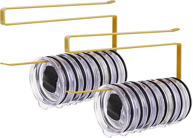 2 Pack Tumbler Lid Organizer, Horizontal Tumbler Lid Storage Hook to Hold Up 20 Lids, Space Saving Cup Lid Holders Under Cabinet Tumbler Lid Hook for Kitchen Organizer, Paper Towel Rack Hanger (Gold) by JOLENSOY