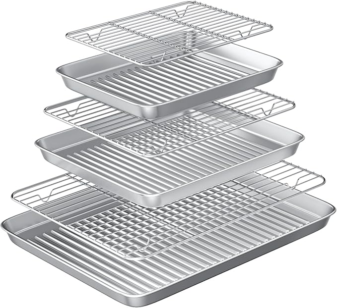 Baking Sheet with Wire Rack Set: 3 Baking Pans + 3 Cooling Racks for Cooking and Baking - Stainless Steel Nonstick Bacon Pans for Oven, Warp Resistant & Heavy Duty & Rust Free by Rottay