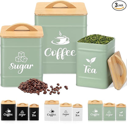Maxdot 3 Set Coffee Sugar Tea Containers, Square Airtight Kitchen Canisters Storage Ground Organization with Bamboo Lids Rustic Metal Jars for Coffee Bar Beans, Tea Leaves, Food, Countertop(Turquoise) by Maxdot