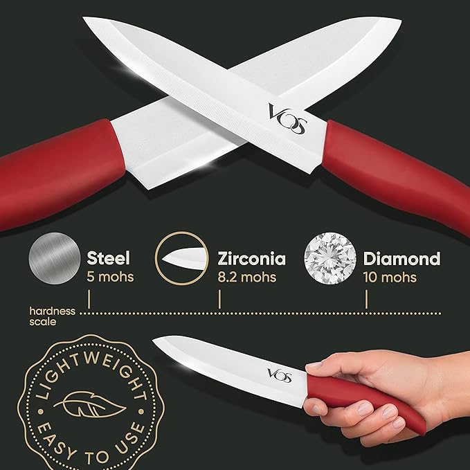 Vos Ceramic Knife Set, Ceramic Knives Set For Kitchen, Ultra Sharp Kitchen Knife Set with Covers, 3" 4" 5" 6" Paring, Santoku, Chef Knife & Utility, Lightweight, Dishwasher safe (Red with Block)