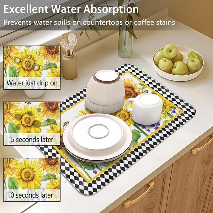 Dish Drying Mat for Kitchen Counter 2 Pack with Non-Slip Rubber Backing - Heat-Resistant Absorbent Coffee Bar Mat, Dish Rack Mat, Sunflower Dish Drying Mats 18x24+19.5x12 inch