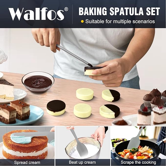 Walfos Silicone Spatula Set (7pcs) - 600℉ Heat Resistant Silicone Scraper Spatulas with Stainless Steel Core, Non Stick Flexible Rubber Spatula for Cooking, Baking and Mixing, Gray - Image 2