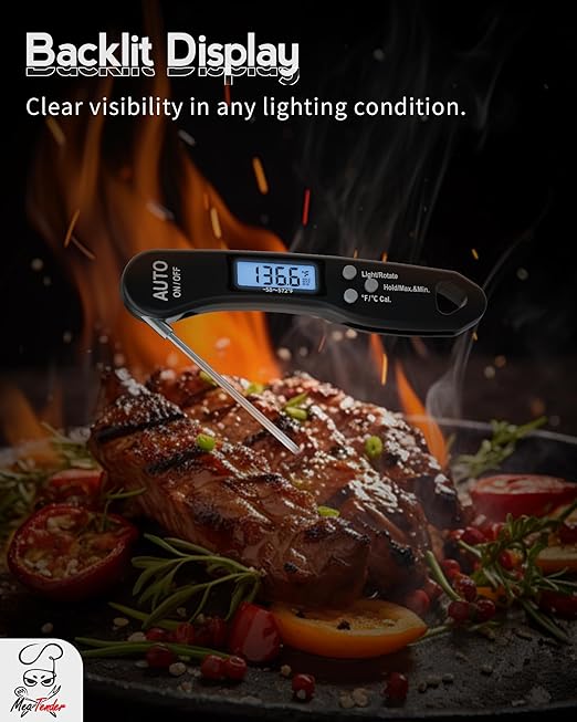 5 PCs Instant Read Meat Thermometer, 1.2s Fast Read, ±1°F Accuracy, -58°F to 572°F, 4.4" Foldable Probe, 0 °C Calibration, Min/Max (Session), Auto-Rotating Backlit Display, °F/°C, Magnetic Back - Image 4