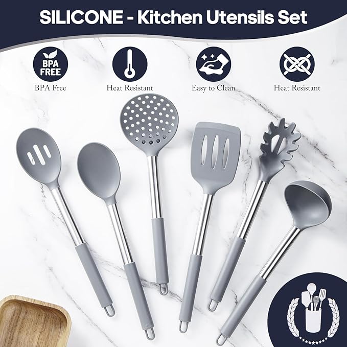 Silicone Kitchen Utensils Set - Culinary Couture 6-Pieces Grey Silicone Cooking Utensils Set for Nonstick Cookware - Stainless Steel Handle