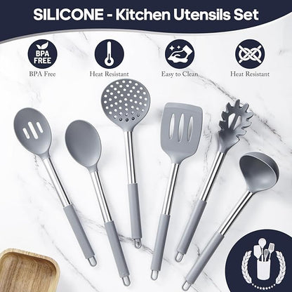 Silicone Kitchen Utensils Set - Culinary Couture 6-Pieces Grey Silicone Cooking Utensils Set for Nonstick Cookware - Stainless Steel Handle
