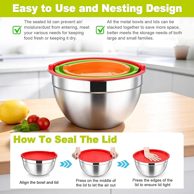 TeamFar Mixing Bowls, Stainless Steel Nesting Salad Bowls with Airtight Lids Set, For Serving/Mixing/Storing, Healthy & Long-lasting, Dishwasher Safe & Easy Clean, 4.6/3 / 1.5 QT, Colorful - Image 7