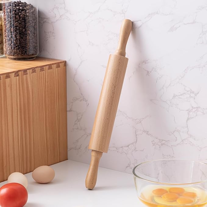 AISOSO Rolling Pins for Baking, 15.75 Inches Wooden Rolling Pin with Handles, Classic Nonstick Dough Roller for Fondant Pizza Pie Crust Cookie Pastry, Kitchen Baking Essentials, Light Yellow - Image 4