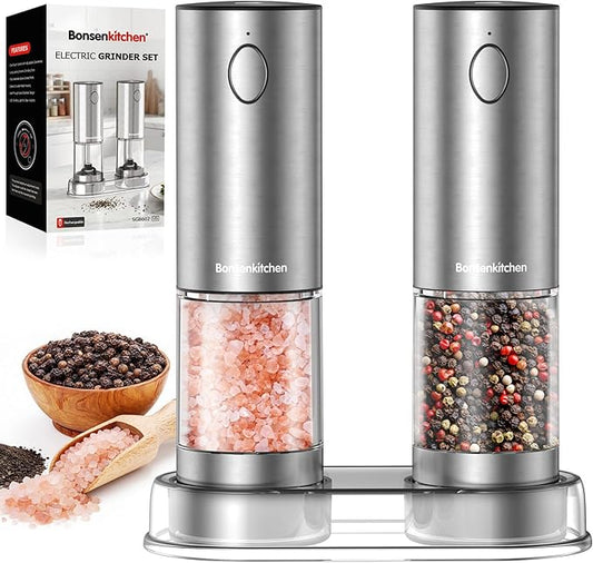 Bonsenkitchen Electric Salt and Pepper Grinder Set Rechargeable, 95ml Large Capacity Salt Shaker with LED Light, USB-C Fast Charging Automatic Pepper Mill with 5 Adjustable Coarseness for Kitchen, BBQ by Bonsenkitchen