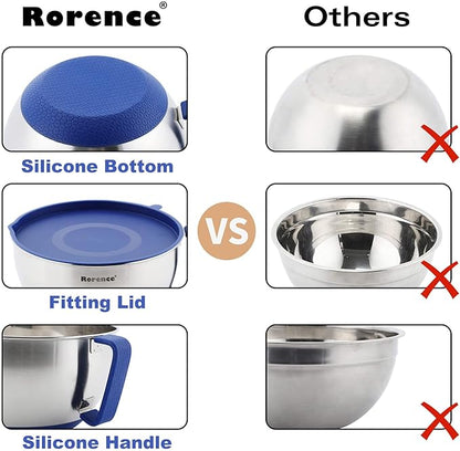 Rorence Mixing Bowls Set: Stainless Steel Non-Slip Bowls with Pour Spout, Handle and Lid - Set of 3 - Blue - Image 5