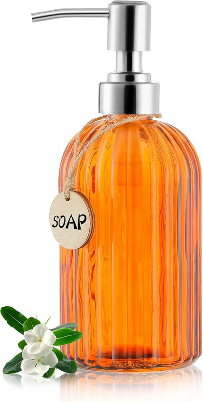 MOCLIF 16 OZ Soap Dispenser，Tempered Glass Clear Vertical Stripe with 304 Rust Proof Stainless Steel Pump Refillable Liquid Hand Soap Dispenser，for Bathroom, Kitchen, Dish Soap，Lotion (Orange) by MOCLIF