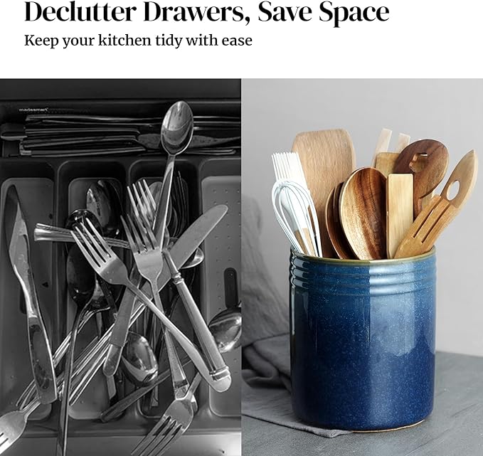 DOWAN 7.2" Kitchen Utensil Holder, Extra Large Farmhouse Utensil Holders for Countertop, Ceramic Utensil Crock, Anti Slip Cork Bottom - Image 5