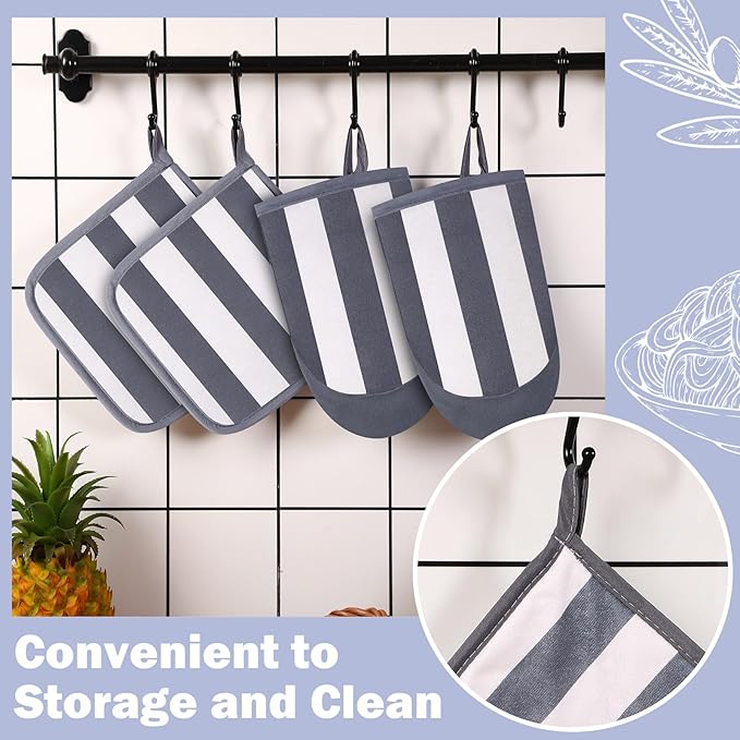 Reallnaive Oven Mitts and Pot Holders 4 Pcs Set for Kitchen, Stripe Cotton Oven Mitten Gloves Hot Pads Heat Resistant 500°f Outdoor Indoor Garden Baking Cooking BBQ Gift Hanging Loop, Beige (Gray) - Image 4