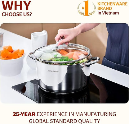 SUNHOUSE Stainless Steel Stock Pot - 7 Quart Heavy-Duty Induction Cooking Pot with Visible Lid for Pasta, Soup, Spaghetti - Nonstick Thick-Bottom Deep Stockpot for Canning, Boiling, and Simmering - Image 8