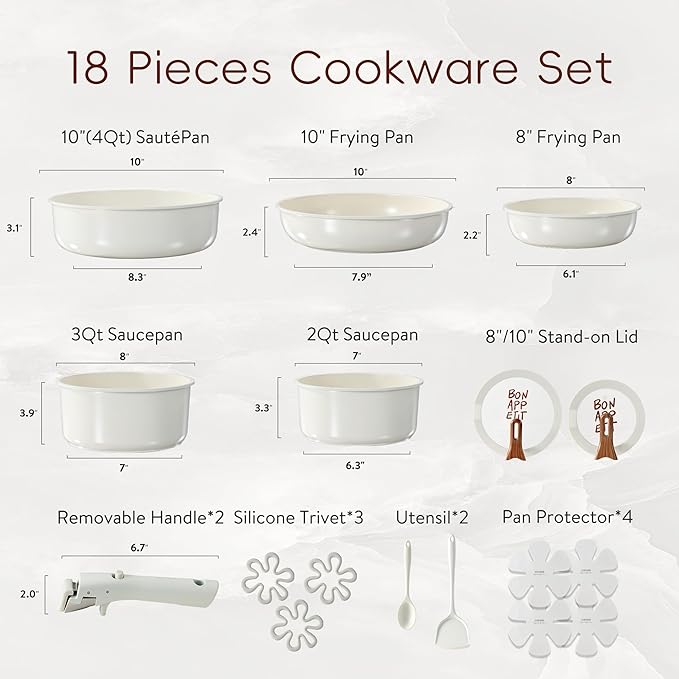 CAROTE 18Pcs Ceramic Cookware Set with Detachable Handle, Pots and Pans Set Non Stick, Non Toxic Kitchen Cooking Sets with Stand-Up Lid, PFAS and PFOA Free, Oven Safe, Induction Ready, Cream White - Image 2
