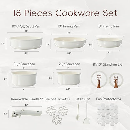 CAROTE 18Pcs Ceramic Cookware Set with Detachable Handle, Pots and Pans Set Non Stick, Non Toxic Kitchen Cooking Sets with Stand-Up Lid, PFAS and PFOA Free, Oven Safe, Induction Ready, Cream White - Image 2