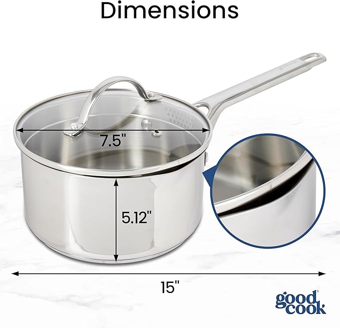 GoodCook Stainless Steel Sauce Pan with Strainer Lid Oven-Safe to 500F & Induction-Safe Compatible with All Stovetops 3-Layer Construction for Even Heating PTFE & PFOA Free, 2.5-Quarts, Silver