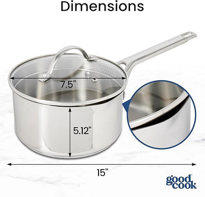 GoodCook Stainless Steel Sauce Pan with Strainer Lid Oven-Safe to 500F & Induction-Safe Compatible with All Stovetops 3-Layer Construction for Even Heating PTFE & PFOA Free, 2.5-Quarts, Silver