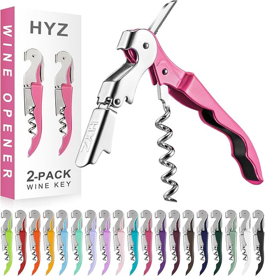 HYZ 2-Pack Wine Opener Waiter Corkscrew, Professional Wine Key for Servers, Bartender with Foil Cutter, Manual Wine Bottle Opener Double Hinged (Rosy) by HYZ