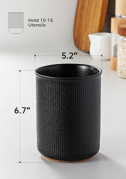LoeJan Utensil Holder, Extra Large Utensil Crock, Stable Ceramic Utensil Organizer, Cooking Tool Organizer Set for Kitchen Counter Farmhouse Décor, Textured Black - Image 2