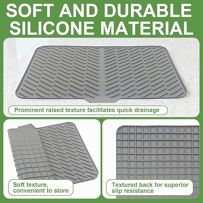 Silicone Drying Mat, 23"X17" With Built-in Drain Lip,Heat-Resistant,Eco-friendly,Hygienic Drying Pad,Leak-Proof and Non-Slip,Silicone Dish Drying Mat for Kitchen Counter or Sink（Gray 23X17） - Image 4