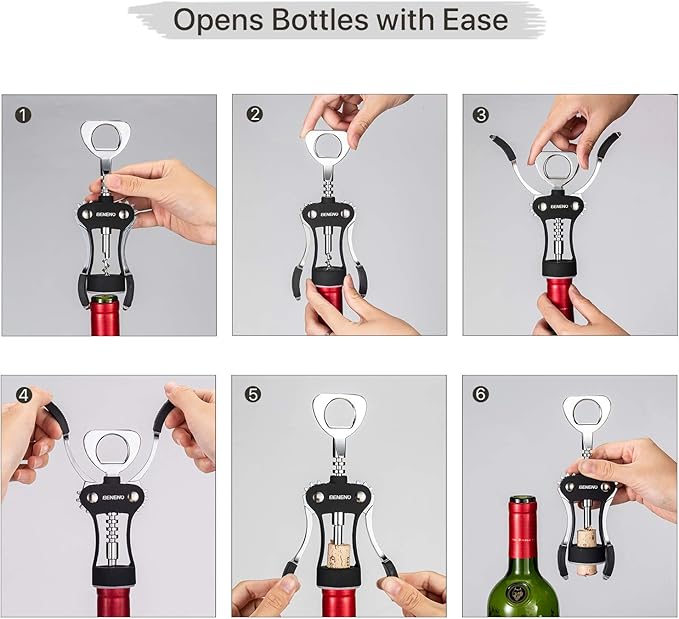 Beneno Wine Opener with Stainless Steel Wine Foil Cutter - Bottle Top Seal Cutter, Zinc Alloy Premium Wing Corkscrew with Multifunctional Bottles Opener, Midnight Black - Image 6
