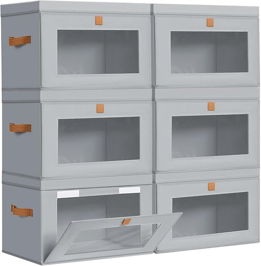 DIMJ Storage Bins with Lids - 6 Pack Large Fabric Closet Organizer with Window & Handles, Collapsible Decorative Storage Boxes for Shelves Under Bed, Books Clothes Blankets Sweaters Organization by DiMJ