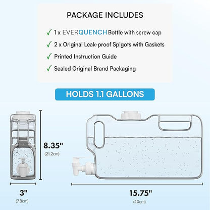 Refrigerator Water Dispenser 1.1 Gallon Bottle with 2 Spigots - BPA Free Plastic Slim Water Jug with Spout Leak Proof | Refillable Fridge Water Container, Convenient Handles (Clear)