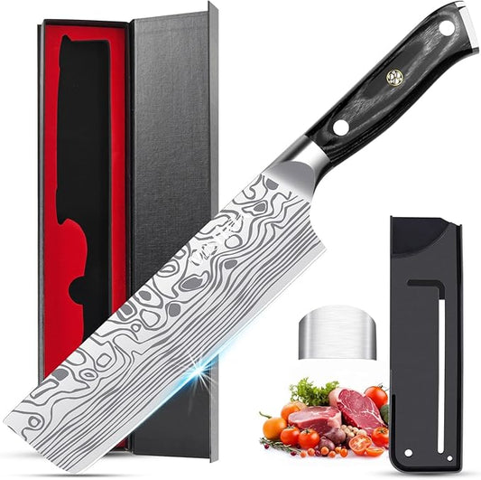 MOSFiATA 7” Nakiri Chef's Knife with Finger Guard, German High Carbon Stainless Steel EN1.4116 Vegetable Knife, Multipurpose Kitchen Knife with Micarta Handle in Gift Box by MOSFiATA